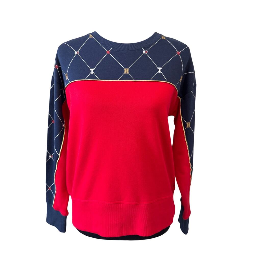 New TOMMY HILFIGER Women's Red Long Sleeve Crew Neck T-shirt Size XS Oversized